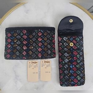 Neiman Marcus Black and Jewel Tone Vintage‎ Hand-Beaded Coin/Eyeglass Purse  SML
